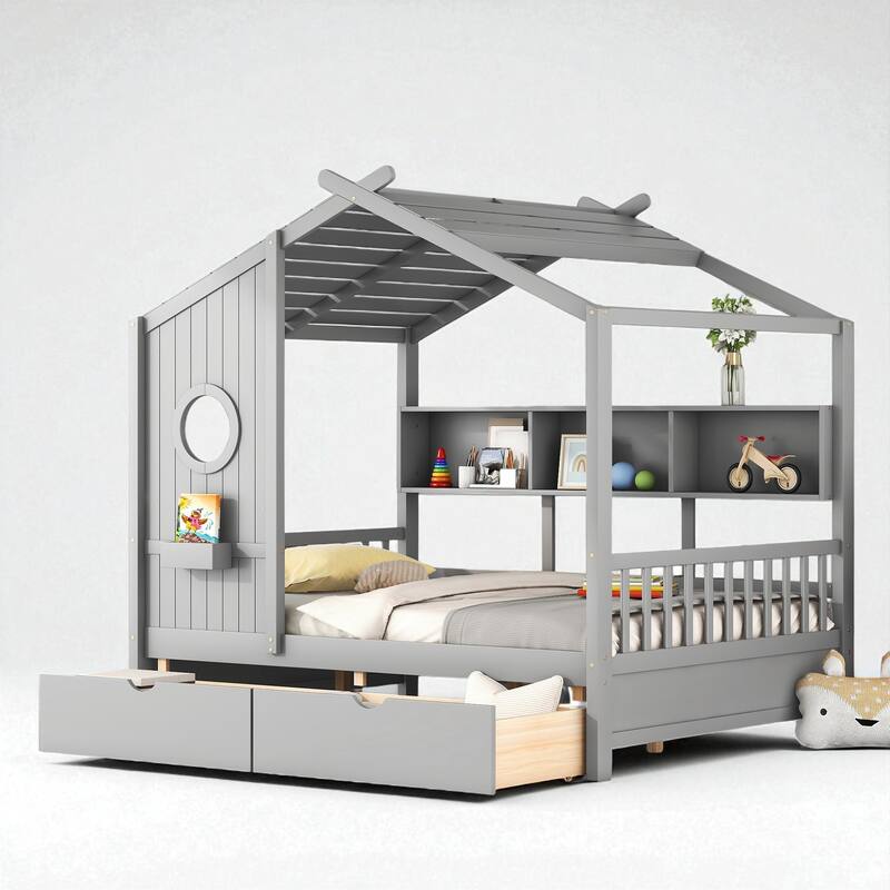 Wooden Twin/Full House Bed with Roof, 2 Storage Drawers & Rear Shelf, Kids Platform Bed with Slats, Gray