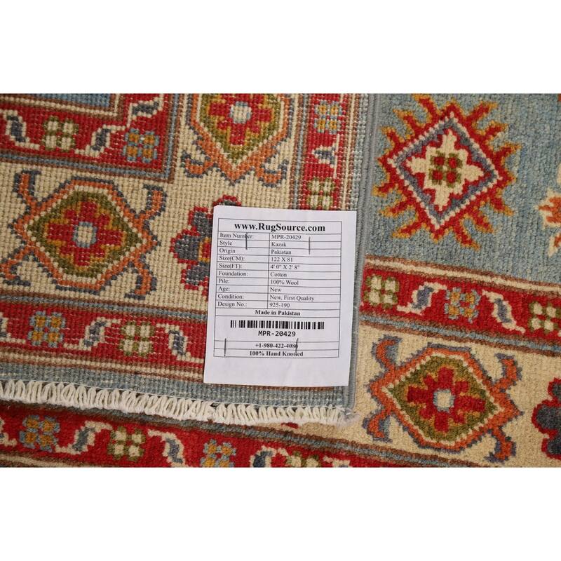 Light Blue Kazak Foyer Rug Handmade Geometric Wool Carpet - 2'8"x 4'0"