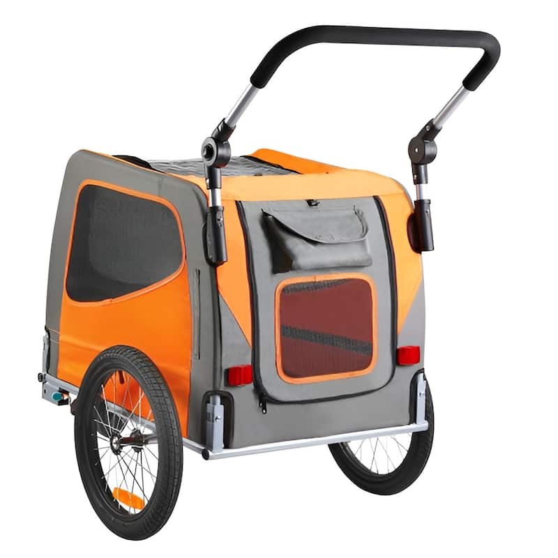 Orange-Grey Steel Pet Stroller Trailer, 2-in-1, Foldable, 66lb Max Capacity - 30.1" L x 21" W x 20.8" H - Orange-Gret
