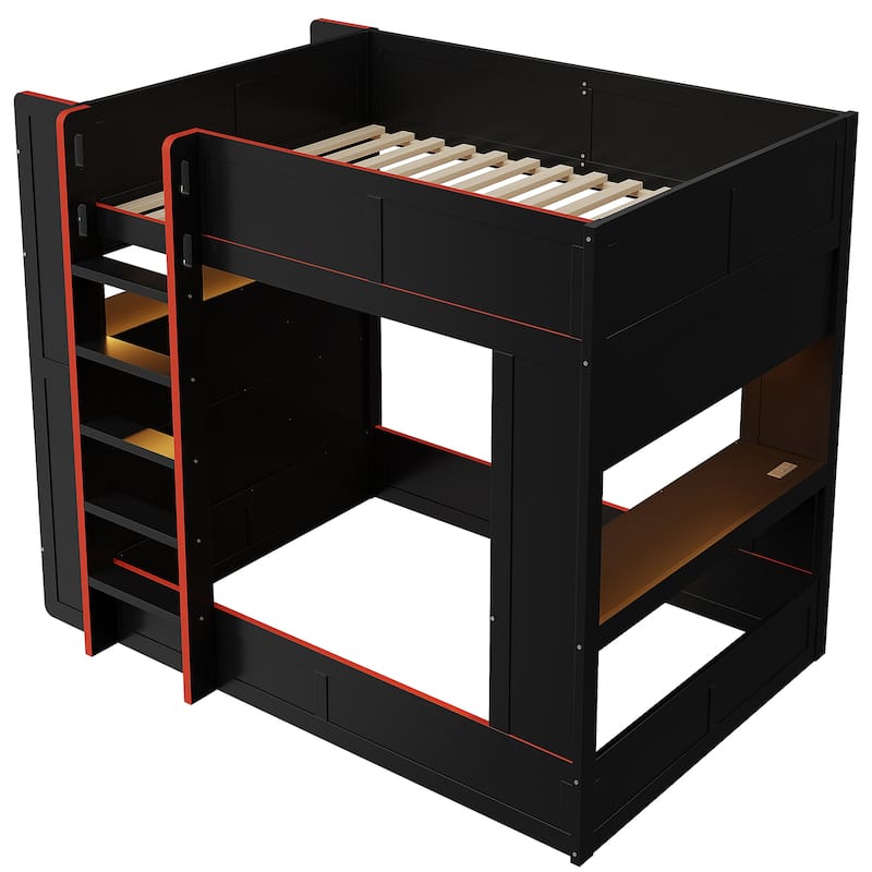 Black Bunk Bed Full Size Wood Gaming Bunk Bed Frame with Desk, Storage Shelves, LED and Charging Station, Full over Full Bed