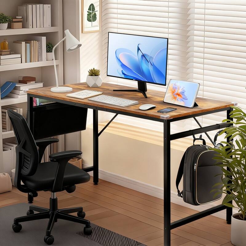47.2” Computer Desk for Home Office - Study Writing Desk with Storage, Side Hooks & Adjustable Feet - Brown