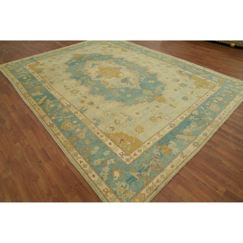 Vegetable Dye Blue Oushak Turkish Area Rug, Floral Geometric Carpet - 11' 10'' X 9' 0''