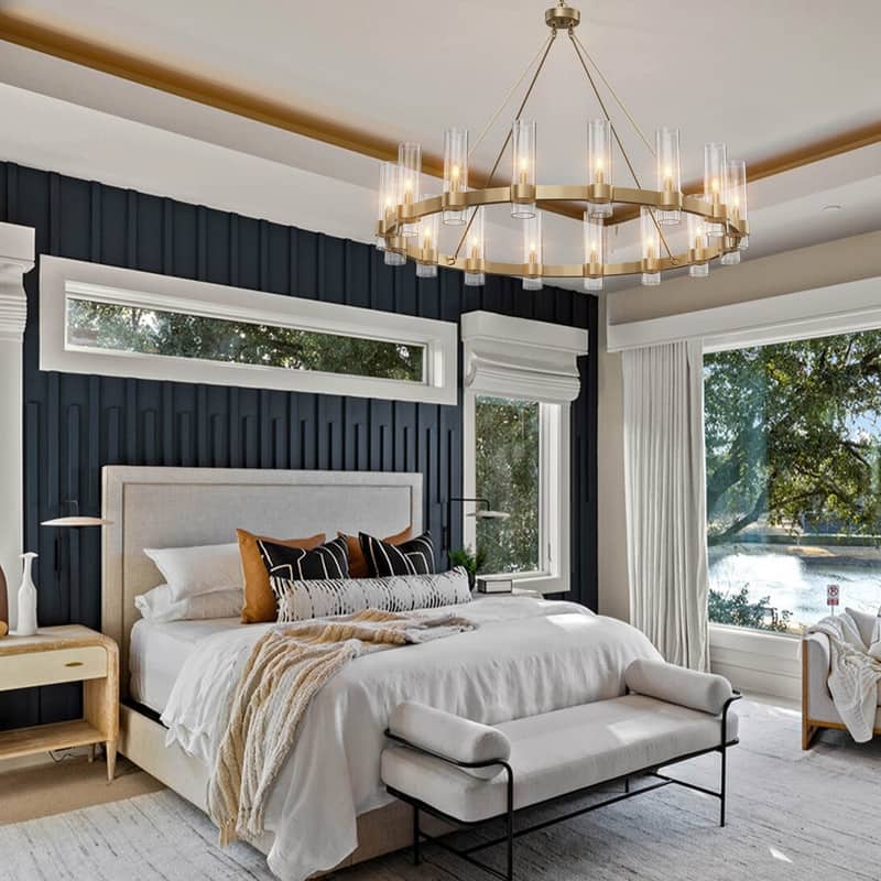 KAYLA 48" 16-Light Gold Chandelier, Wagon Wheel Chandelier with Glass Shade, Modern Farmhouse Chandelier - 48in