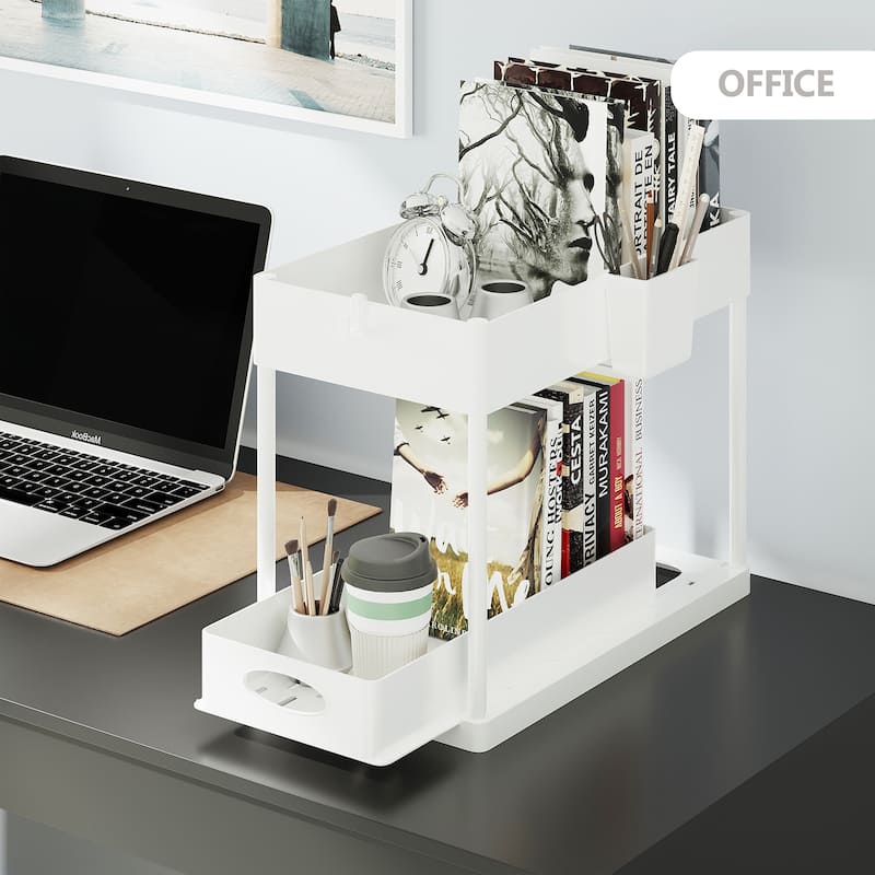 Empyrean 2 Tier Under Kitchen Sink Organizer with Sliding Drawer-Bathroom Cabinet Organizer with Utility Hooks and Side Caddy