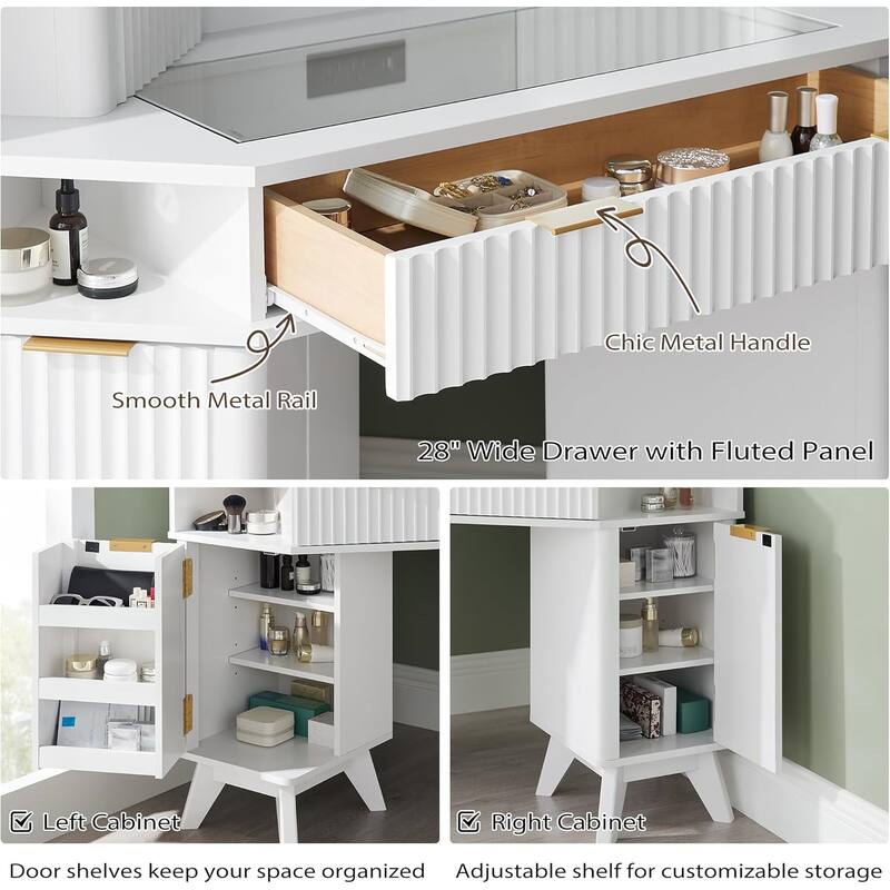 Modern Fluted Makeup Vanity Desk with 3 Way Mirror&Light, Vanity Table