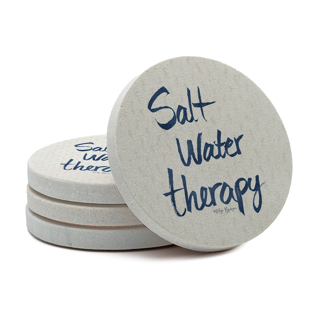 Saltwater Therapy 4 Pack Round Natural Sandstone Coasters with Protective Cork Backing Manufactured in The USA