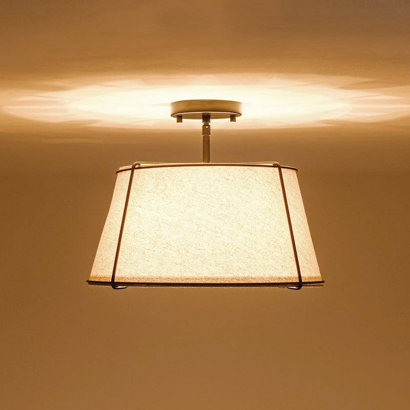 Brass 4-Light Wide Drum Linen Ceiling Light - 17in Mid-Century