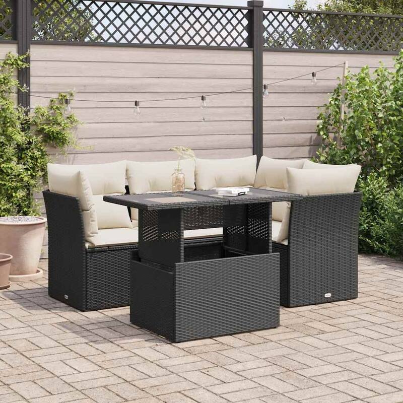 vidaXL Patio Sofa Set with Cushions Outdoor Furniture 5 Piece Poly Rattan - Black and cream with storage