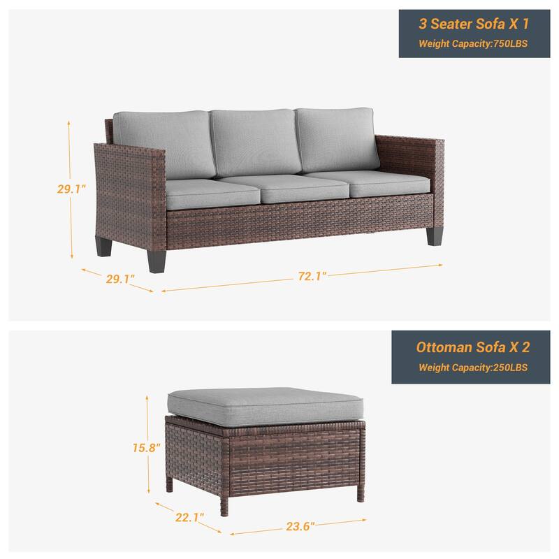 LIVOOSUN 3Pcs Patio Furniture Conversation Brown Rattan Patio Sofa Set