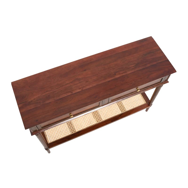 Acacia Wood Console Table with Cane Shelf