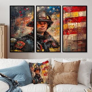 Designart - Patriot Firefighter Hero I - Fireman Framed Wall Art Set of ...