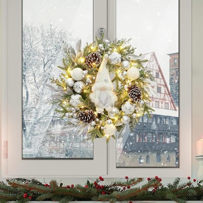 22" Pre-Lit Silver White Christmas Wreath for Front Door - N/A