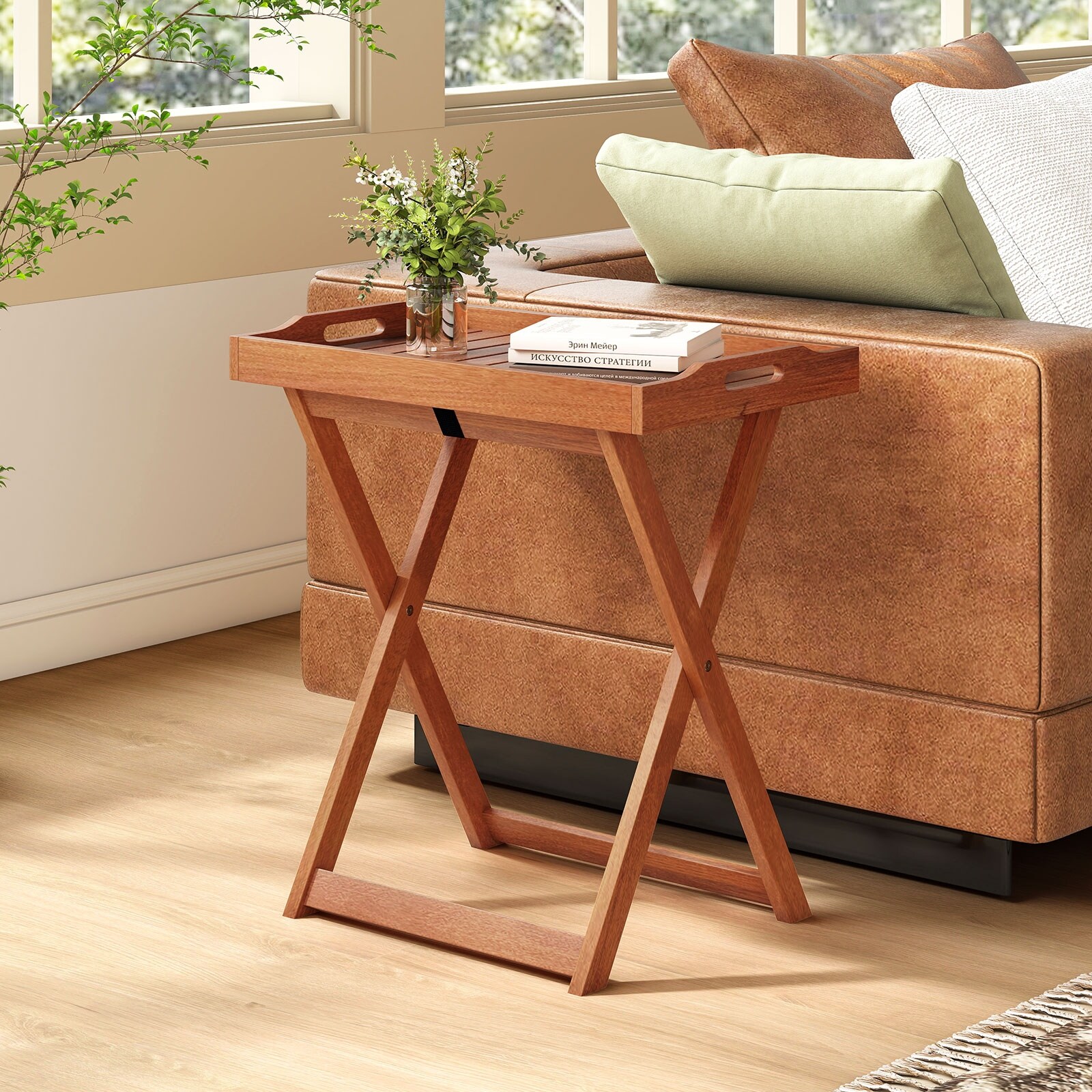 Gymax Patio Solid Wood Tray Table w/ Removable Top Rectangular TV