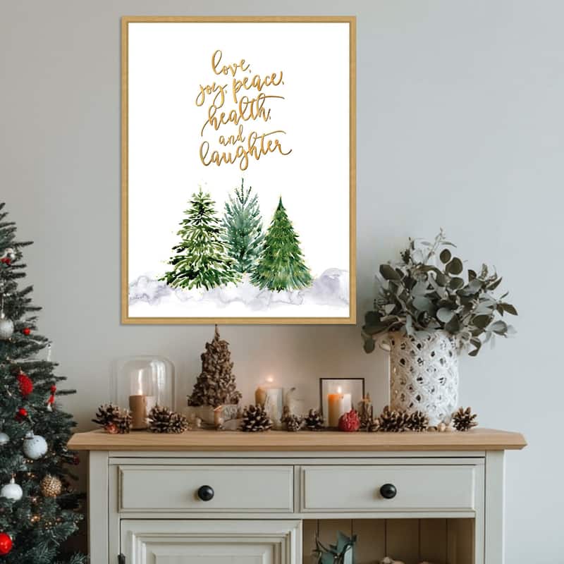 Christmas trees with holiday wishes by Rosana Laiz Blursbyai (23 x 30 in.), Framed Canvas Wall Art Print - Sylvie Bright Gold