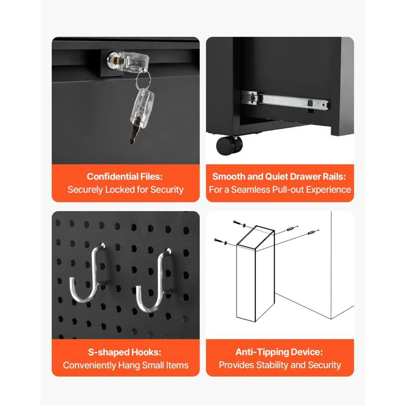 Black Cold Rolled Steel 2 Drawer File Cabinet with Lock, Hooks and Open Shelf