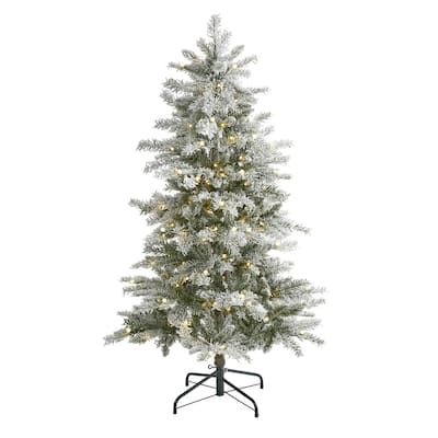 5ft. Slim Flocked Spruce Artificial Christmas Tree with 150 Warm White LED Lights and 433 Branches - Sleek Snowy X-Mas Tree