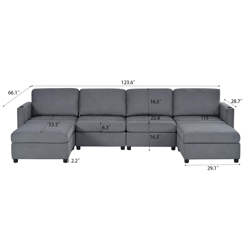 123" U-Shape Modular Sectional Couch with Storage Function, Ottoman