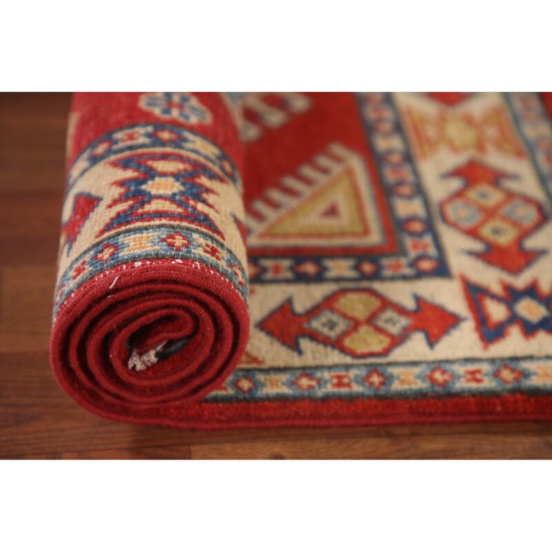 Geometric Kazak Oriental Accent Rug Hand-Knotted Red Wool Carpet - 2'7"x 3'8"