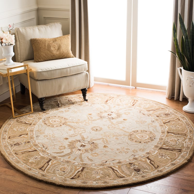 SAFAVIEH Handmade Anatolia Katja Traditional Oriental Hand-spun Wool Rug - 6' Round - Silver/Light Brown
