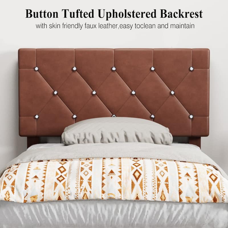 Javlergo 2-Piece Twin Bed Frame Set 39.4-45.3" Adjustable Height PU Leather Headboard with Diamond Embellishment Storage Drawer