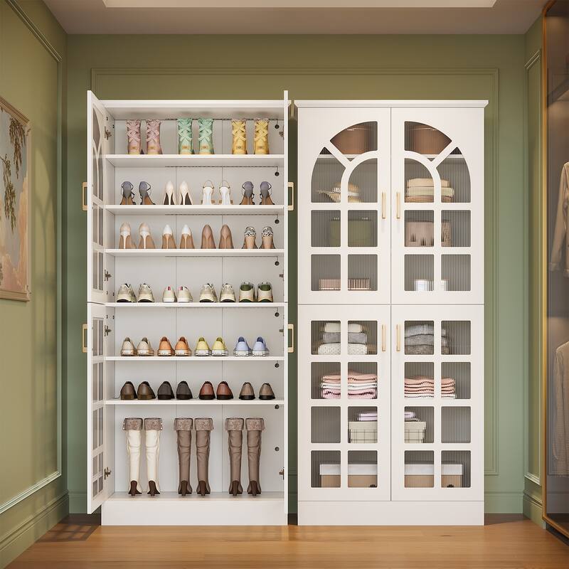 8-Tier Tall Shoe Storage Cabinet with Doors, Led Lights and Adjustable Shelves for Entryway, White