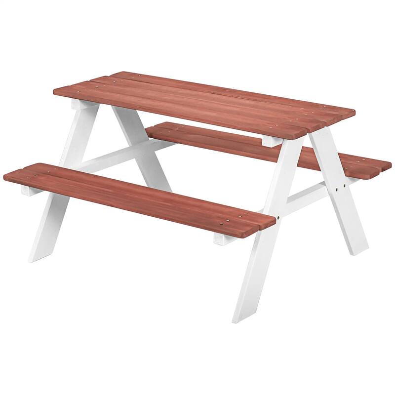 Kids Outdoor Picnic Table and Bench Set Fir Wood Pecan White Toddler Activity Furniture Ages 3-8 - 35" L x 31" W x 19.75" H