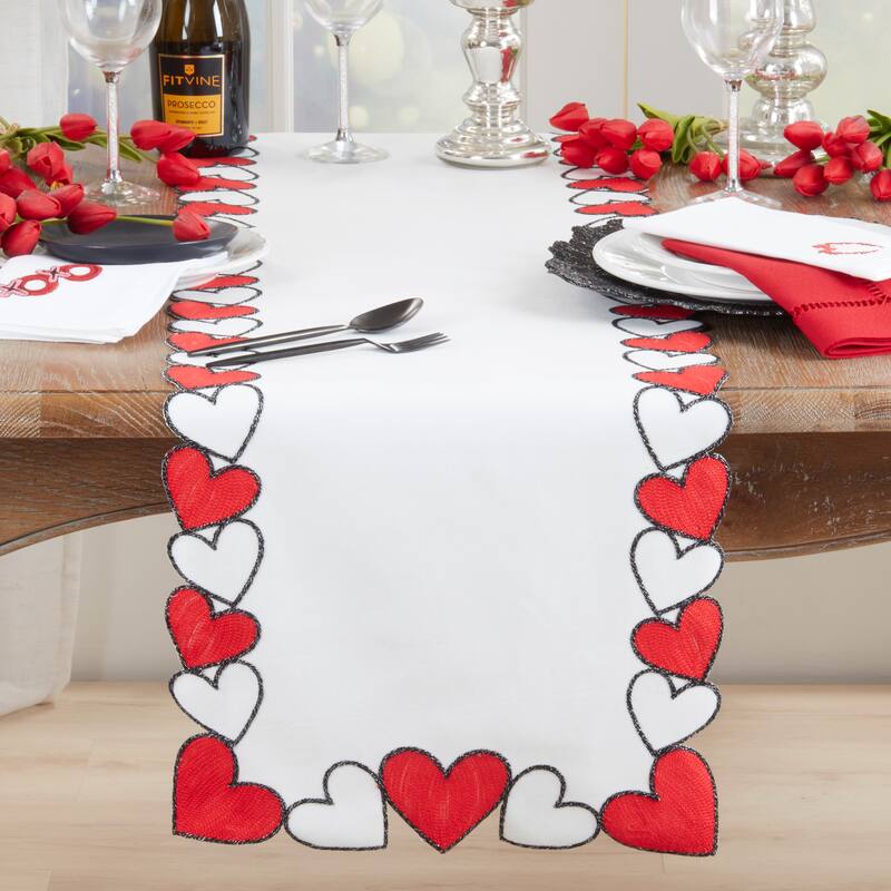 Bold Heart Border Table Runner - Decorative Non-Reversible Printed Runner for Dining Table, 16"x70"