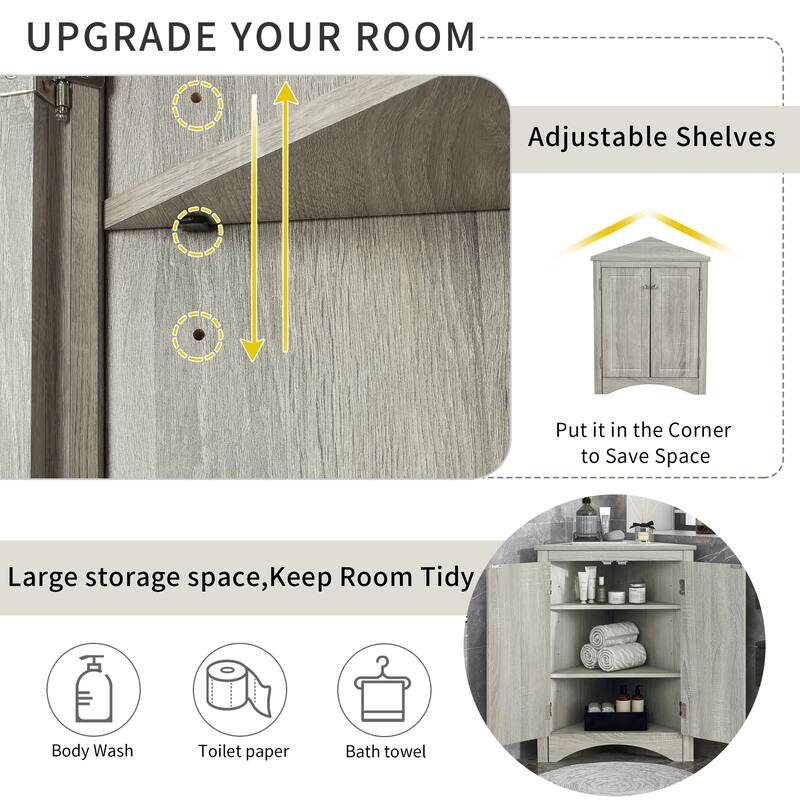 Triangle Bathroom Storage Cabinet with Adjustable Shelves, Freestanding Floor Cabinet Compact Bathroom Towel Cabinet