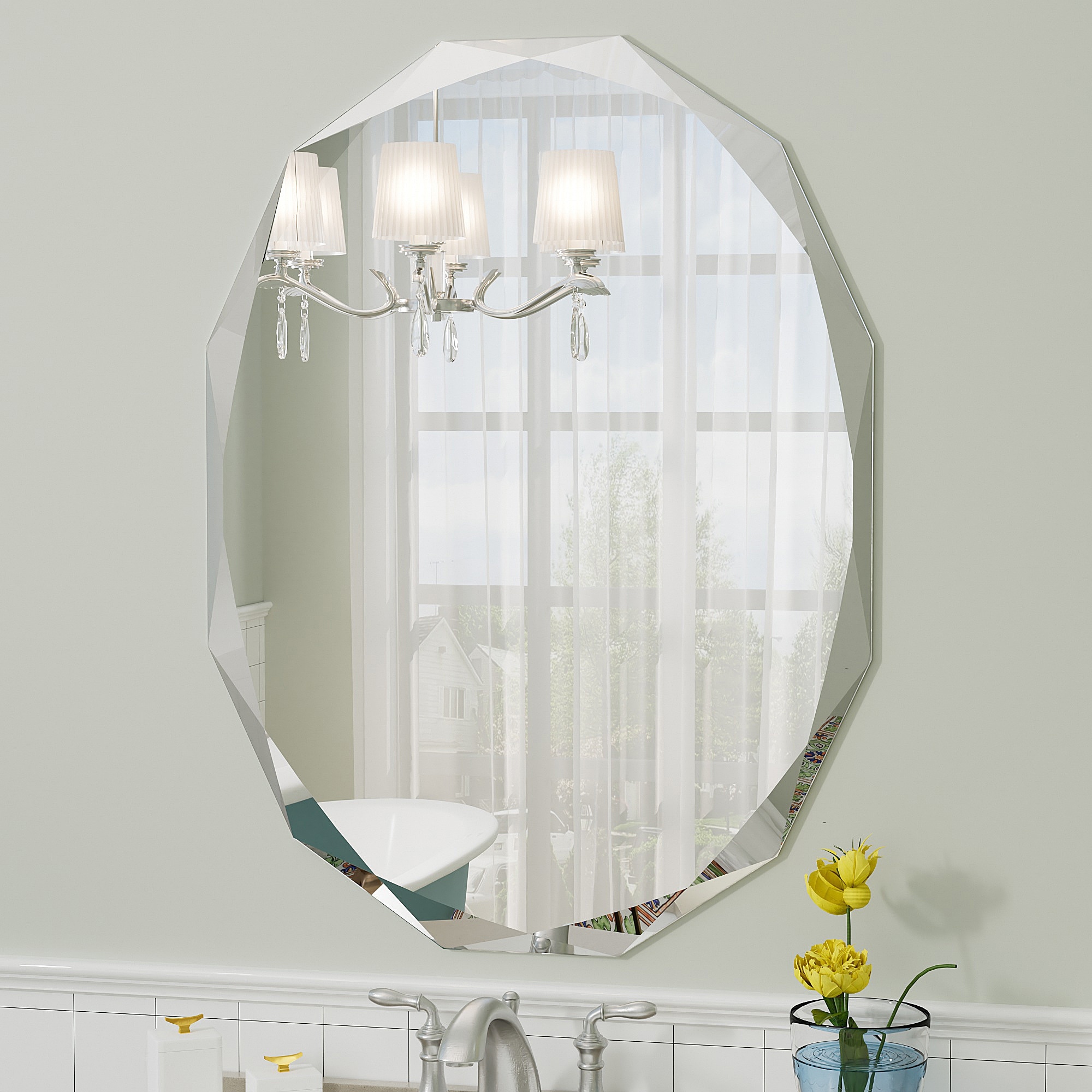 Beveled Frameless Oval Wall Mirror Bathroom Vanity Mirror in Tempered Glass