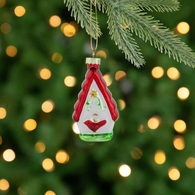 3.25" Red and White Birdhouse with Cardinal Glass Christmas Ornament