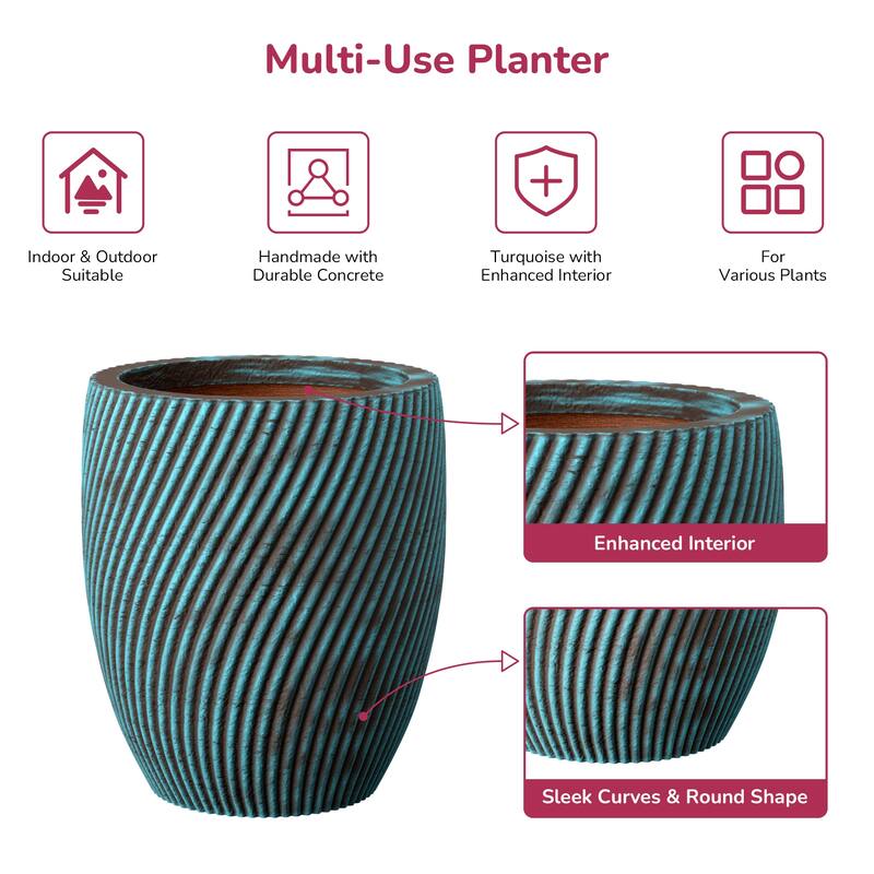 Concrete Tall Round Planter with Teal Stripes with Drainage Holes