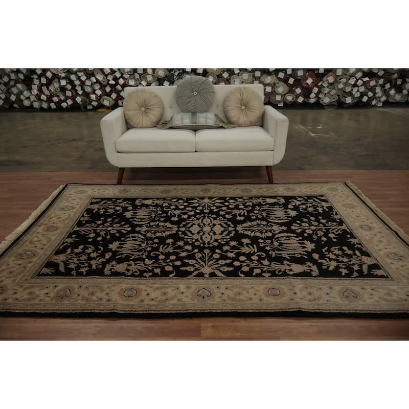 Hand Knotted Oriental 100% Wool Carpet Traditional Floral Black Agra Area Rug - 8' 7'' X 5' 9''