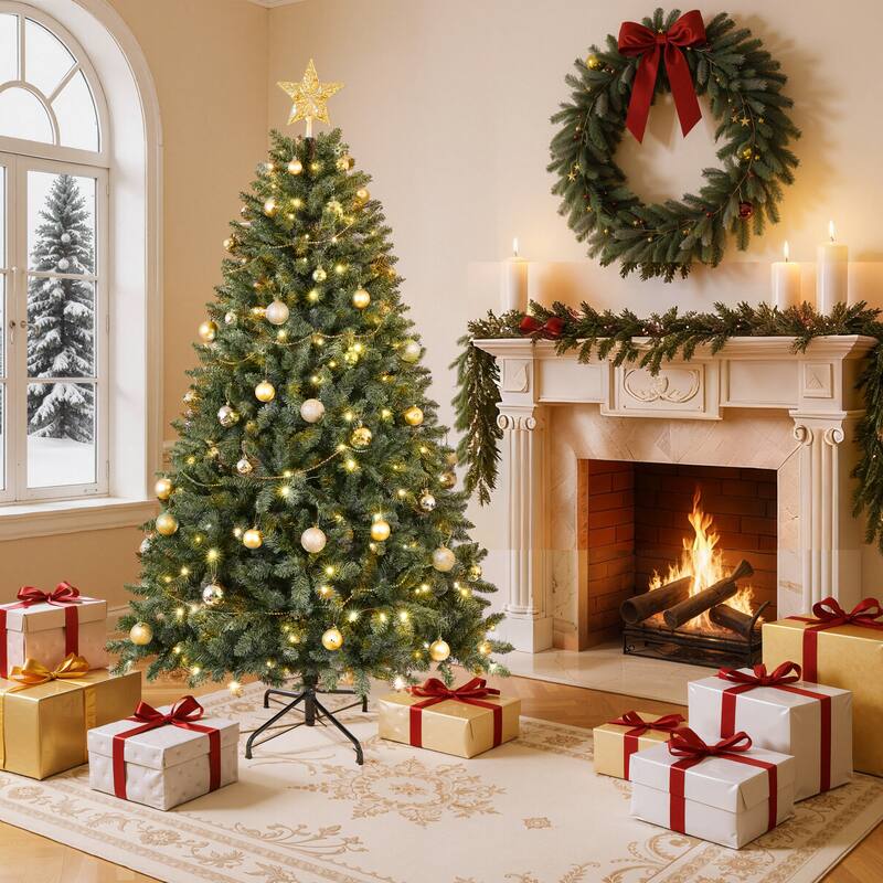 6FT Christmas Tree with 250 Warm White LED Lights - 1000 PVC & Hard Needle Tips, Hinged Branch Design, Sturdy Metal Stand