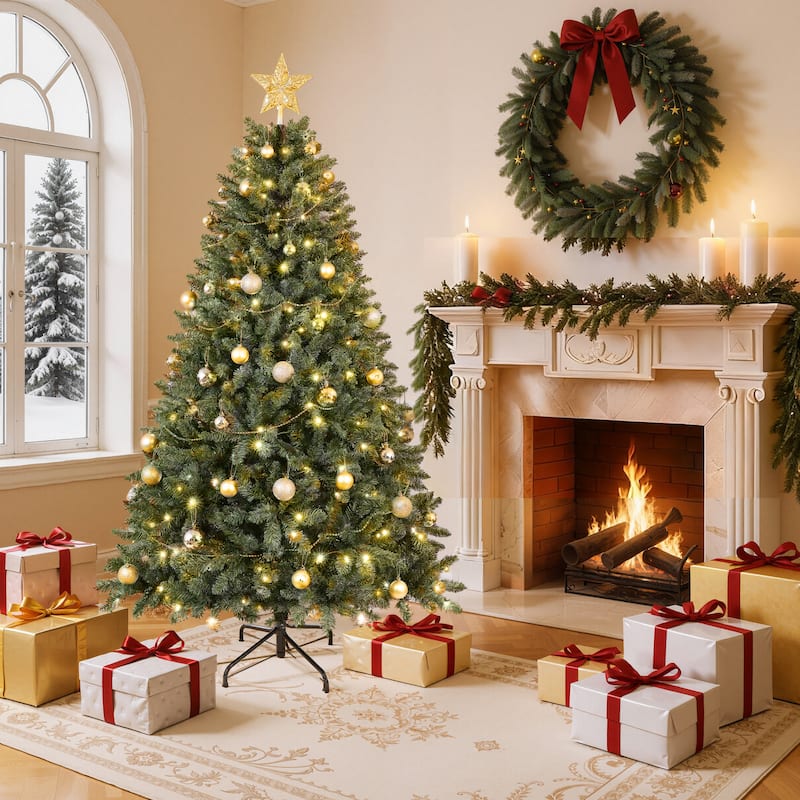 Christopher Knight Home - Evergreen Glow Modern Pre-Lit Artificial Christmas Tree with LED Lights and Hinged Branch Design - Green+7.5Feet