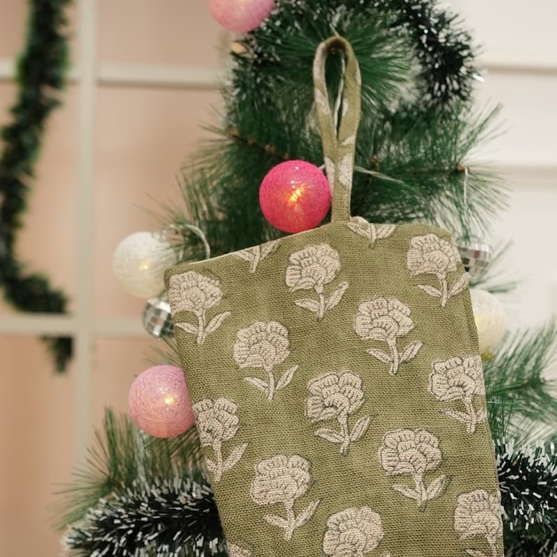 Fabdivine Hand Block Floral Print Christmas Knit Stockings, Home Decorative Gift Use - 16"X6.5"