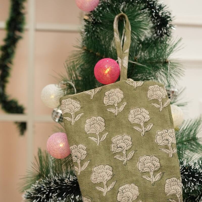 Fabdivine Handmade Linen Floral Block Print Christmas Stocking Home Décor Perfect for Gift - 10"X4.5"