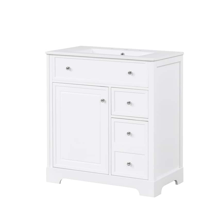 Modern 30-Inch Bathroom Vanity Cabinet with Ceramic Sink, 2 Drawers, and Door Shelf, White
