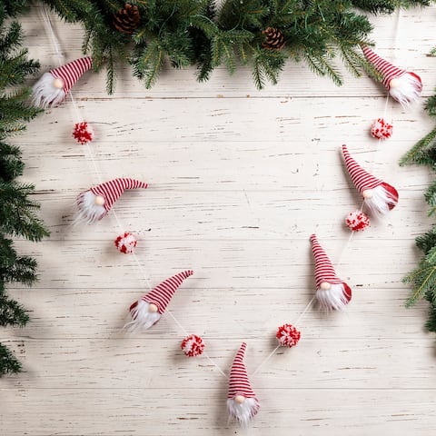 Glitzhome 6 Feet Christmas Red and White Fabric Christmas Gnome Garland