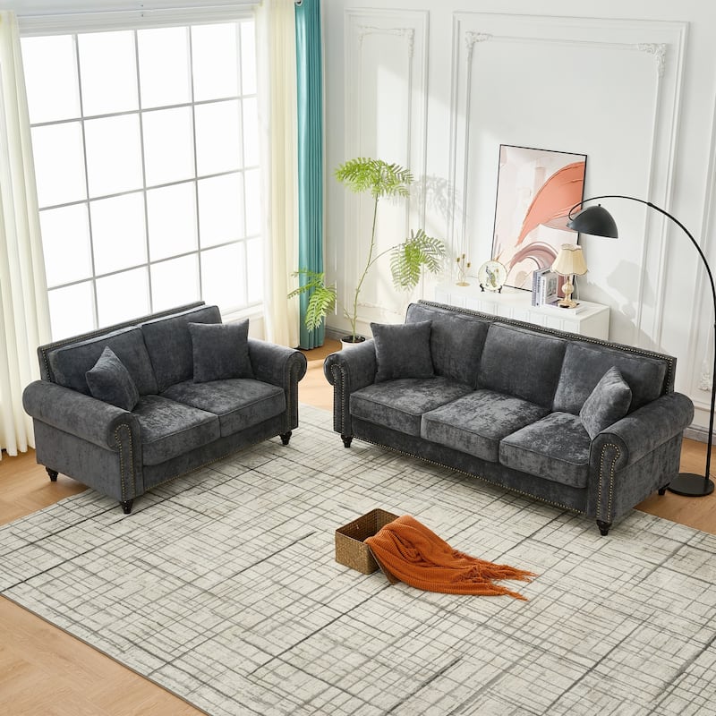 Chenille Upholstered Loveseat Sofa & 3 Seater Couch Set with Nailheads - Grey