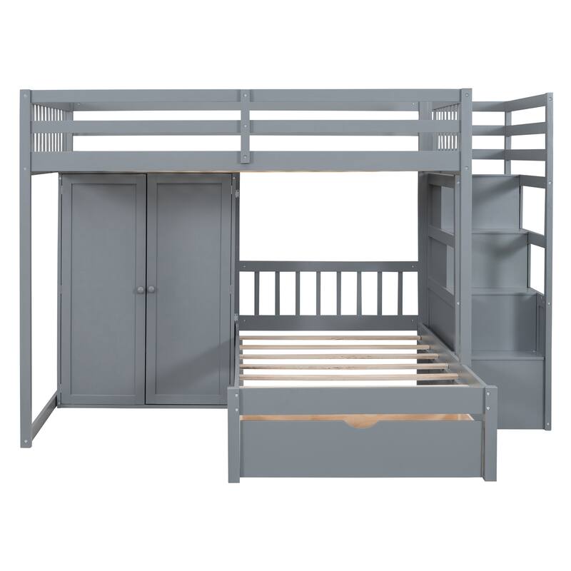 Full Over Twin Bunk Bed with Wardrobe and Drawers in Gray