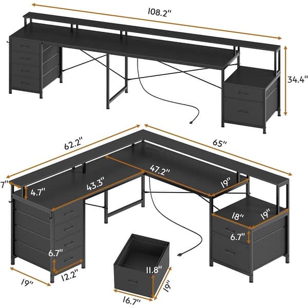 L Shaped Home Office Desk with 6 Drawer File Drawer Power Outlet - Bed ...