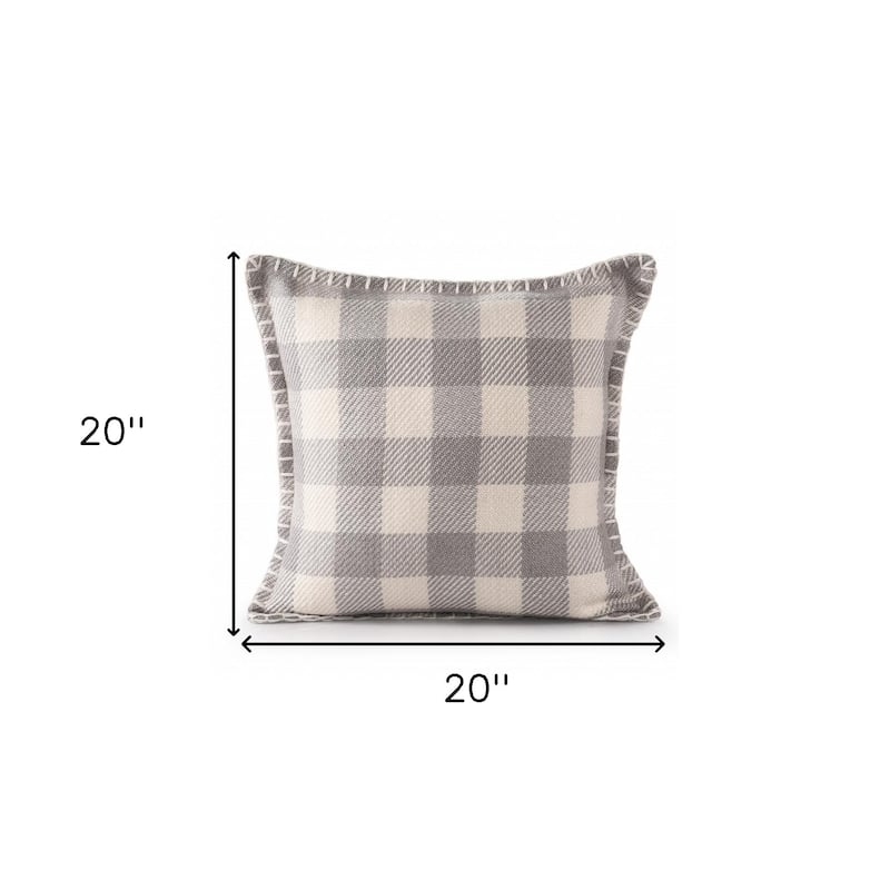 20" X 20" Light Gray And Ivory Polyester Plaid Zippered Pillow