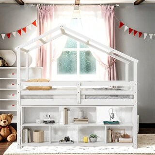 Twin Size Wooden House Loft Bed With Roof Frame, Under Bed Shelving Storage Unit, Guardrails, Ladder