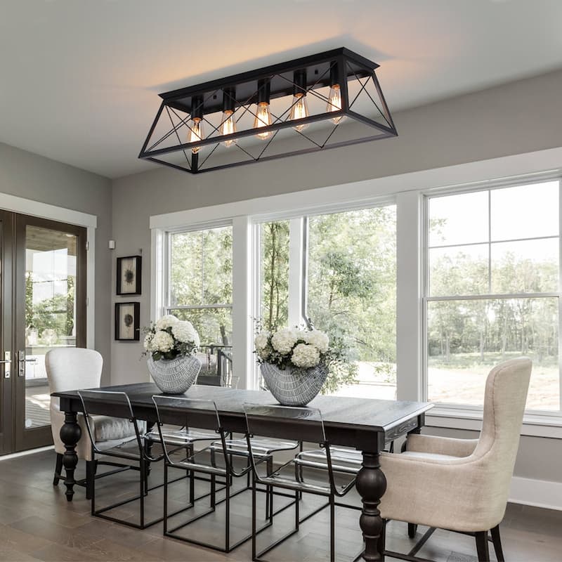 Farmhouse 5-Light Trapezoidal Cage Iron Ceiling Light - Matte Black