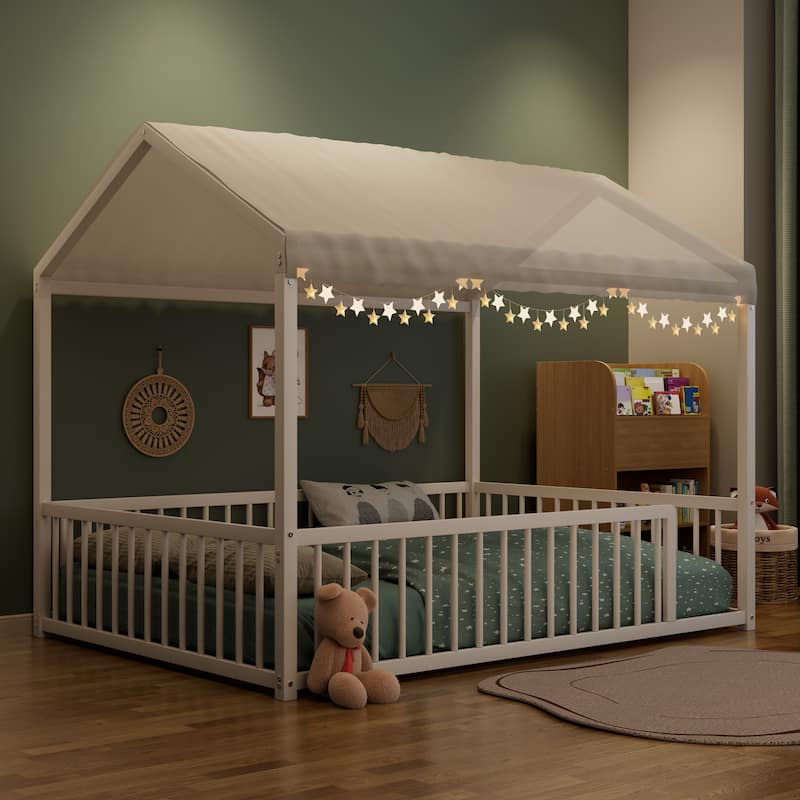Montessori Style Metal Floor Bed Frame, House Shaped Bed for Kids and Toddlers, No Slats, House Bed - White Fence - Full