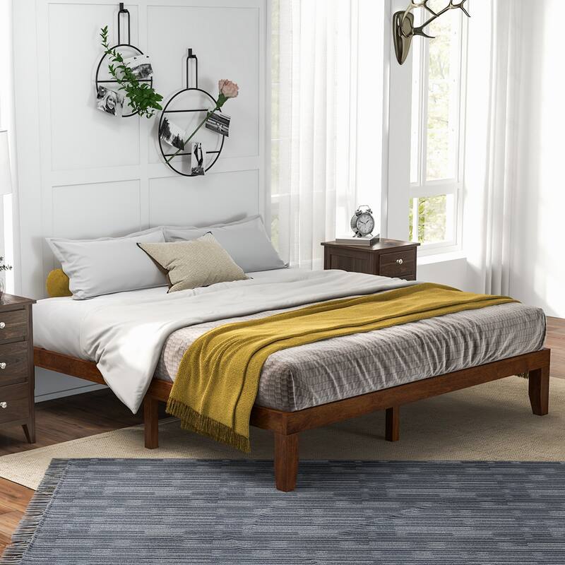 Costway King Size 14'' Wooden Bed Frame Mattress Platform Wood Slats - Brown Cherry