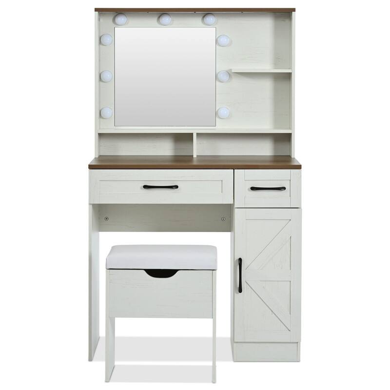 Farmhouse Makeup Vanity Desk with Lights, Stool & Storage - 3 Lighting Modes, White