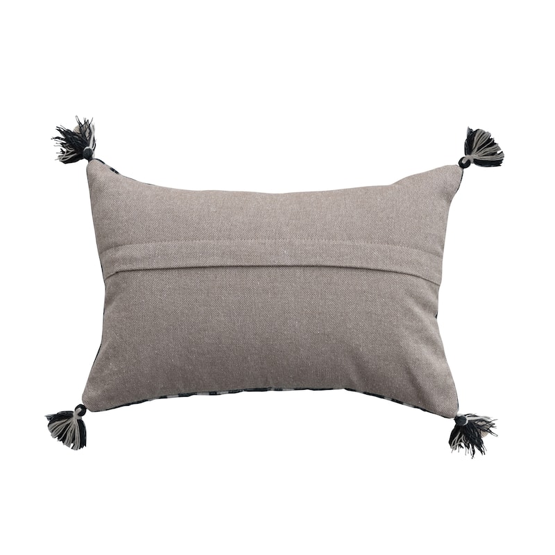 Cotton Velvet Ikat Printed Lumbar Pillow with Tassels and Chambray Back