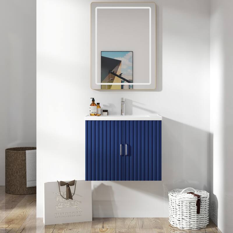 24" Wall-Mounted Floating Bathroom Vanity with Porcelain Sink, Soft-Close Doors, and Waterproof MDF Board - 23.62 in W Ceramic+MDF - Blue