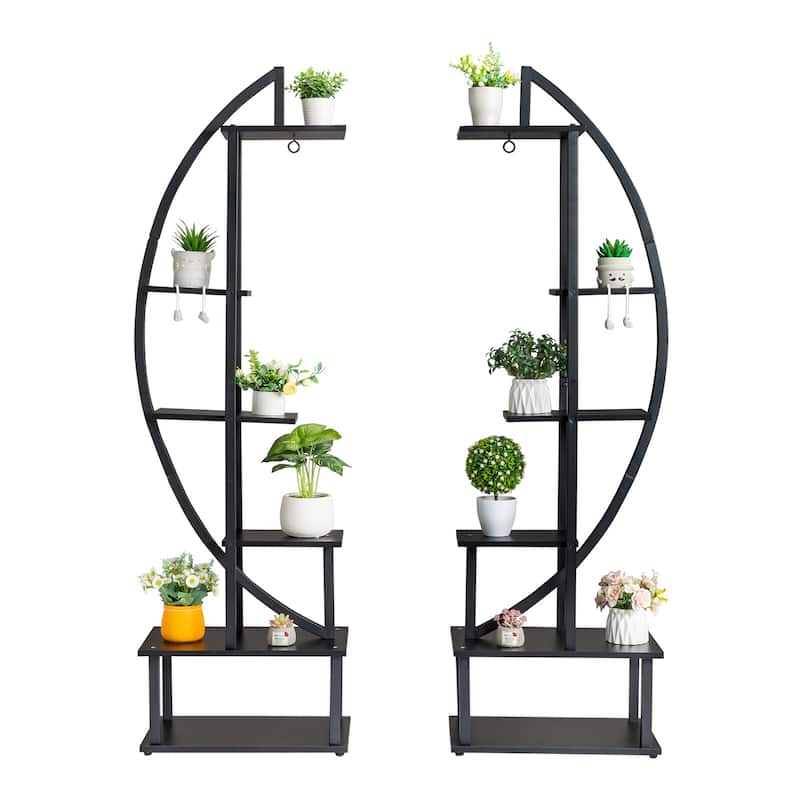 2pcs Half Moon Floor Plant Stand,Ironwood 6-layer Flower Stand Black